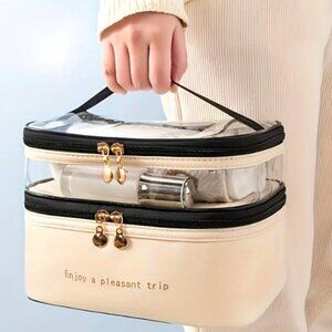 ✨NEW✨ Stylish Double-Layer Makeup Bag - Beige - Transparent